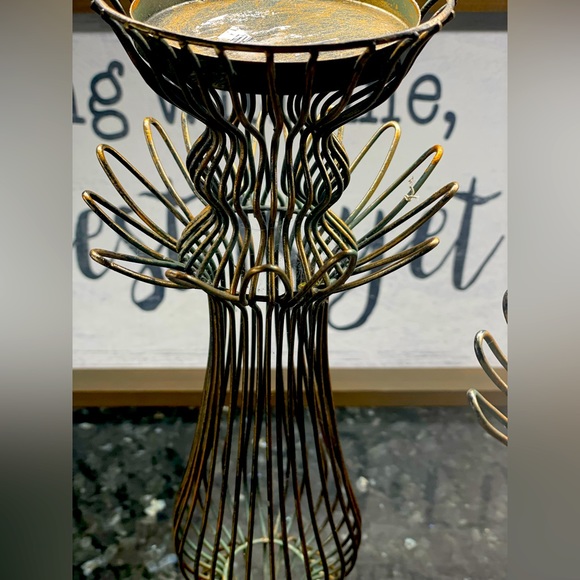 Rare Vintage 2 Pcs Tall Metal Patina Bronze Candle Holders - Picture 2 of 5